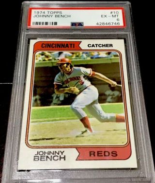 1974 Topps Johnny Bench Baseball Card 10 Psa 6 Ex - Mt
