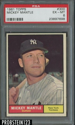 1961 Topps 300 Mickey Mantle York Yankees Hof Psa 6 Ex - Mt