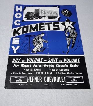 Vintage 1956 1957 Fort Wayne Komets Vs Huntington Hornets Ihl Hockey Program