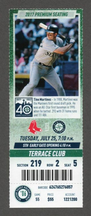 Rafael Devers Mlb Debut 7/25/2017 Mariners Red Sox Full Club Ticket T Martinez