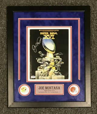 Joe Montana Signed Bowl Xvi Program Autographed Framed 18x22 Psa/dna Hof