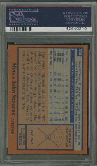 1978 Topps 334 John Stearns York Mets PSA 10 GEM FLAWLESS 2