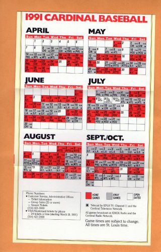 1991 Mlb Baseball St.  Louis Cardinal Game Pocket Schedule Promotions Info