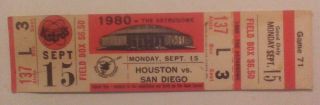 Sept.  15,  1981 Astros - Padres Astrodome Nolan Ryan Ticket Ex