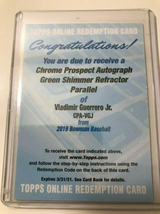 2019 Bowman Chrome Vladimir Guerrero Jr.  Vlad Green Shimmer Refractor Auto Redem
