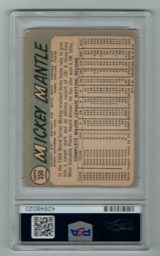 1965 Topps Mickey Mantle Baseball Card 350 - PSA 2 HOF Yankees 2