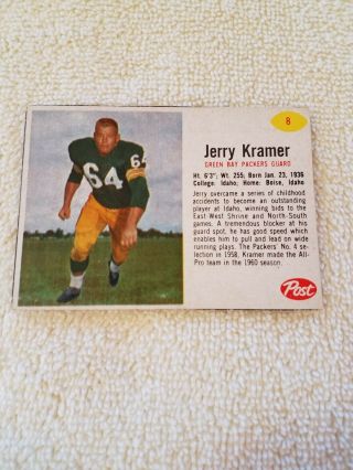 1962 Post Cereal Football Green Bay Packers Jerry Kramer 8 Sp