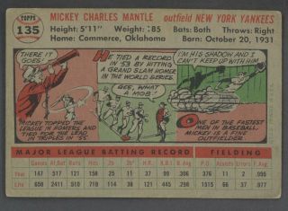 1956 Topps 135 Mickey Mantle York Yankees HOF GRAY BACK CENTERED 2