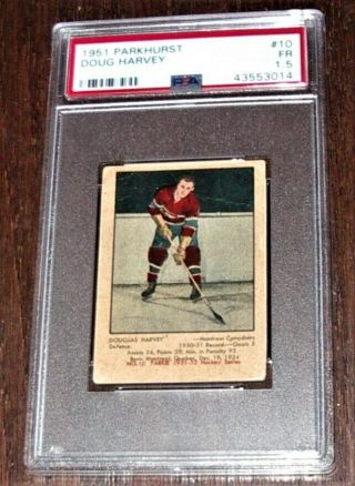 1951 - 52 Parkhurst 10 Doug Harvey Rookie Montreal Canadiens Psa Graded 1.  5 Fair