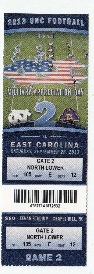 2013 Unc North Carolina Tar Heels Vs East Carolina Ticket Stub 9/28/13