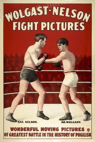 1916 Boxing Silent Movie Poster Wolgast - Nelson Fight Pictures - 20x30