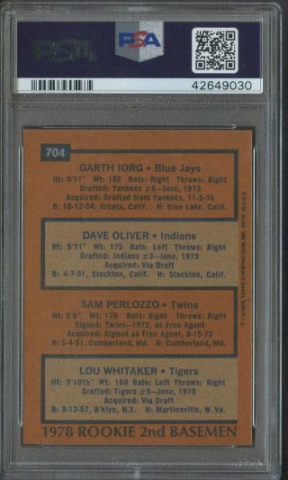 1978 Topps 704 Lou Whitaker Detroit Tigers RC Rookie PSA 9 2