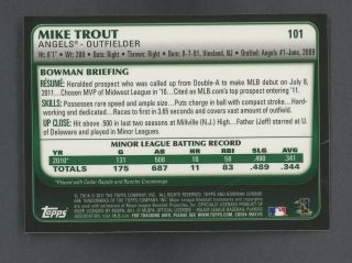 2011 Bowman Chrome 101 Mike Trout Angels RC Rookie w/ Crease 2