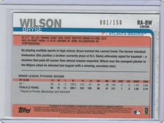 Bryse Wilson RC 2019 Topps Chrome BLUE WAVE REFRACTOR ROOKIE AUTO 001/150 Braves 2