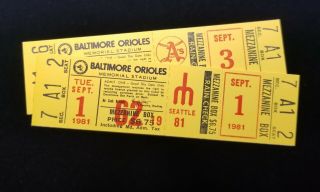 (2) 1981 Baltimore Orioles Tickets Cal Ripken 1st Season Dbl Play Mariners A 
