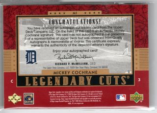 2003 SP Legendary Cuts Mickey Cochrane Signature d 3/3 Detroit Tigers 2