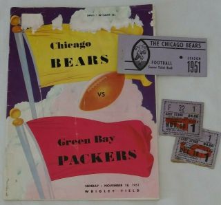 1951 Green Bay Packers @ Chicago Bears Program,  Stub & Season Ticket Cover