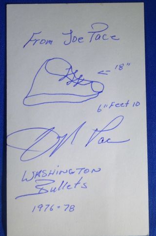 Joe Pace Signed Autograph 3x5 Washington Bullets 1976 - 78