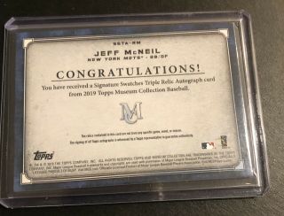 JEFF MCNEIL ROOKIE AUTO TRIPLE RELIC GAME 2019 MUSEUM NY METS RC SP /299 2