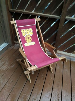 Vintage Usc Trojans Teak Wood Folding Deck Or Room Chair/glider With Canvas Seat