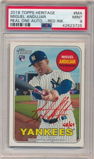 Miguel Andujar 2018 Topps Heritage Rc Real One Red Ink Auto Sp /69 Psa 9