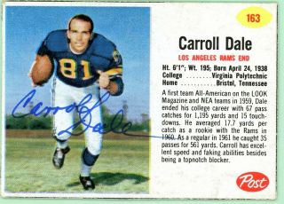 1962 Post Cereal Football Card 163 Carroll Dale - Autograph