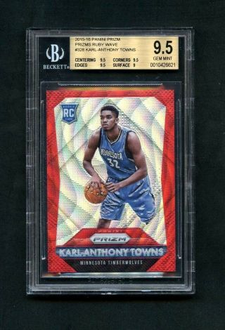 2015 - 16 Karl - Anthony Towns Panini Prizm Ruby Wave Refractor Rc /350 Bgs 9.  5 Gem