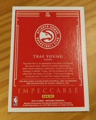 2018 - 19 Impeccable TRAE YOUNG Atlanta Hawks RC Rookie Patch On - Card Auto 31/99 2