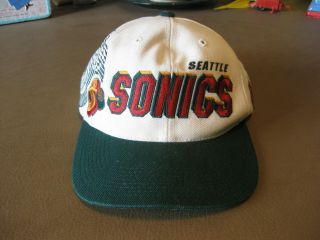 Vintage Seattle Sonics Nba Hat Supersonics White Green Bill Cap Basketball 90s