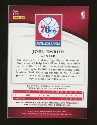 2014 - 15 Immaculate Joel Embiid 76ers RC Rookie Patch AUTO /99 2