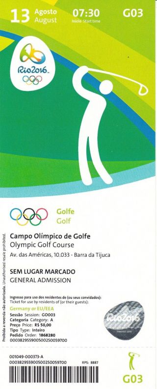 B038 - 2016 Rio Olympic Golf Ticket -