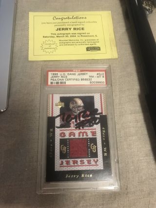 1996 Upper Deck Autograph Gj2 Jerry Rice 49ers Game Worn Jersey Relic Psa 8