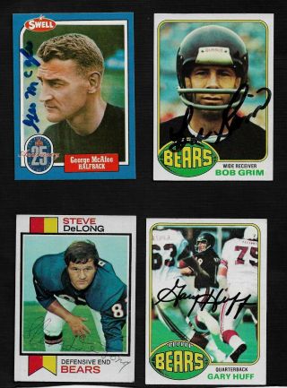 4 Signed Cards Chicago Bears - George Mcafee - Steve Delong - Bob Grim - Gary Huff