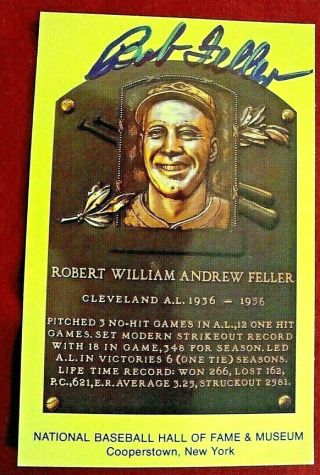 Bob Feller Signed Gold Baseball Hall Of Fame Plaque Postcard Cleveland Indians D