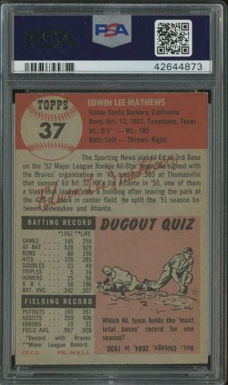 1953 Topps 37 Ed Eddie Mathews Boston Braves HOF PSA 6 EX - MT 2