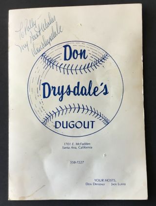 Signed Don Drysdale Menu Drysdale’s Dugout Santa Ana Ca La Dodgers Hof All Star