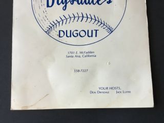 Signed Don Drysdale Menu Drysdale’s Dugout Santa Ana CA LA Dodgers HOF All Star 3