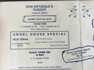 Signed Don Drysdale Menu Drysdale’s Dugout Santa Ana CA LA Dodgers HOF All Star 5