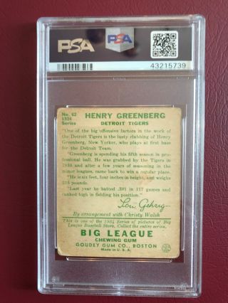 1934 Goudey Hank Greenberg Detroit Tigers HOF Rookie Card PSA 2: Good 2