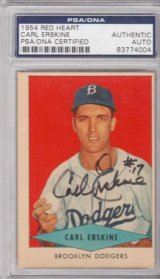 Carl Erskine Brooklyn Dodgers 1954 Red Heart Dog Food Signed Autograph Psa Dna