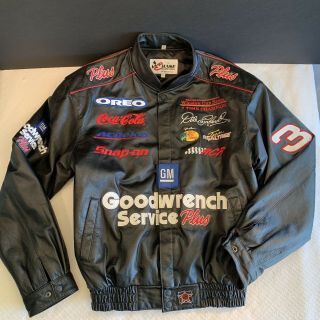 Nascar Black Leather Bomber Jacket Dale Earnhardt 3 In Htf Mens Small Size Exc