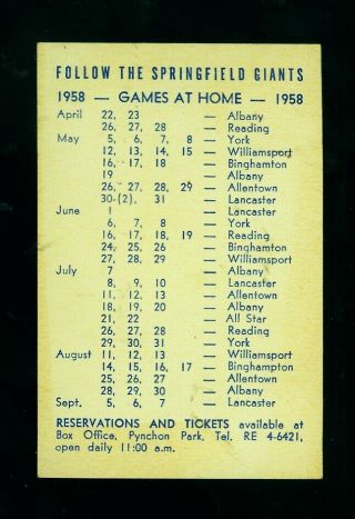 1958 Springfield Giants Minor League Baseball Card Schedule