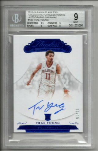 Trae Young Auto Rc /15 2018 - 19 Panini Flawless Sapphire Autograph Sp Bgs 9 10
