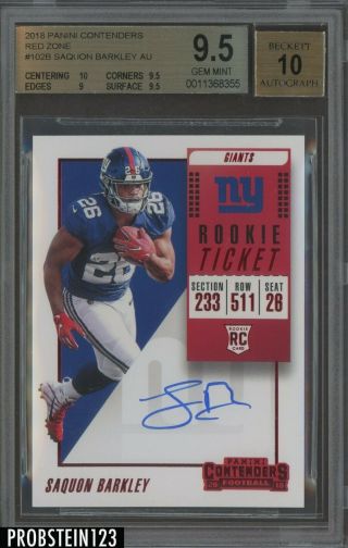 2018 Contenders Rookie Ticket Red Zone Saquon Barkley Giants Rc Auto Bgs 9.  5