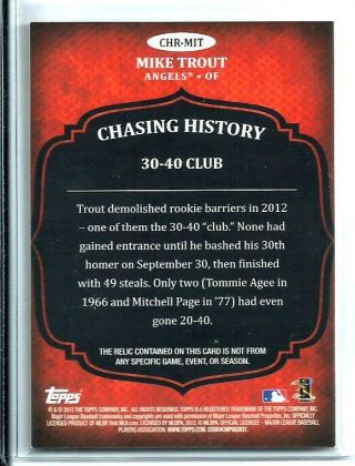 2013 Topps Chasing History Game Bat Relic Mike Trout Los Angeles Angels 2
