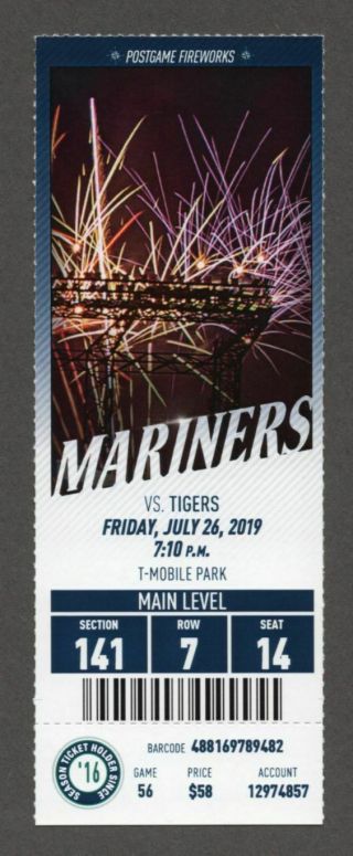 Ryan Court Mlb Debut 7/26/2019 Mariners Tigers Season Ticket Austin Nola 1st Sh