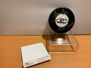 80 Gold Hockey Jim Craig Autographed Usa Puck Jsa Cert