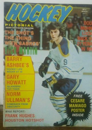 Hockey March 1974 Rick Martin Cesare Maniago Poster With Goalie Mask Wha