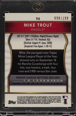 2011 Finest Green Refractor Mike Trout ROOKIE RC /199 94 (PWCC) 2