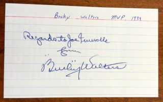 Bucky Walters Autographed 3x5 Card (1934 - 1950 Cin.  Reds,  Phillies)
